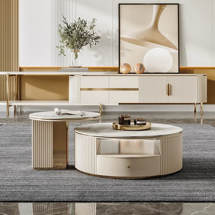 Modern Chic Round Nesting Coffee Table with Storage White Stone Coffee Table Set of 2